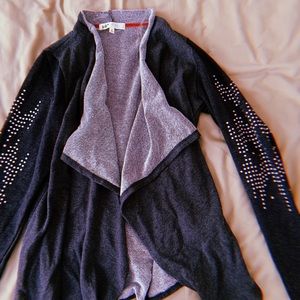 gray/charcoal cardigan with accent sleeves